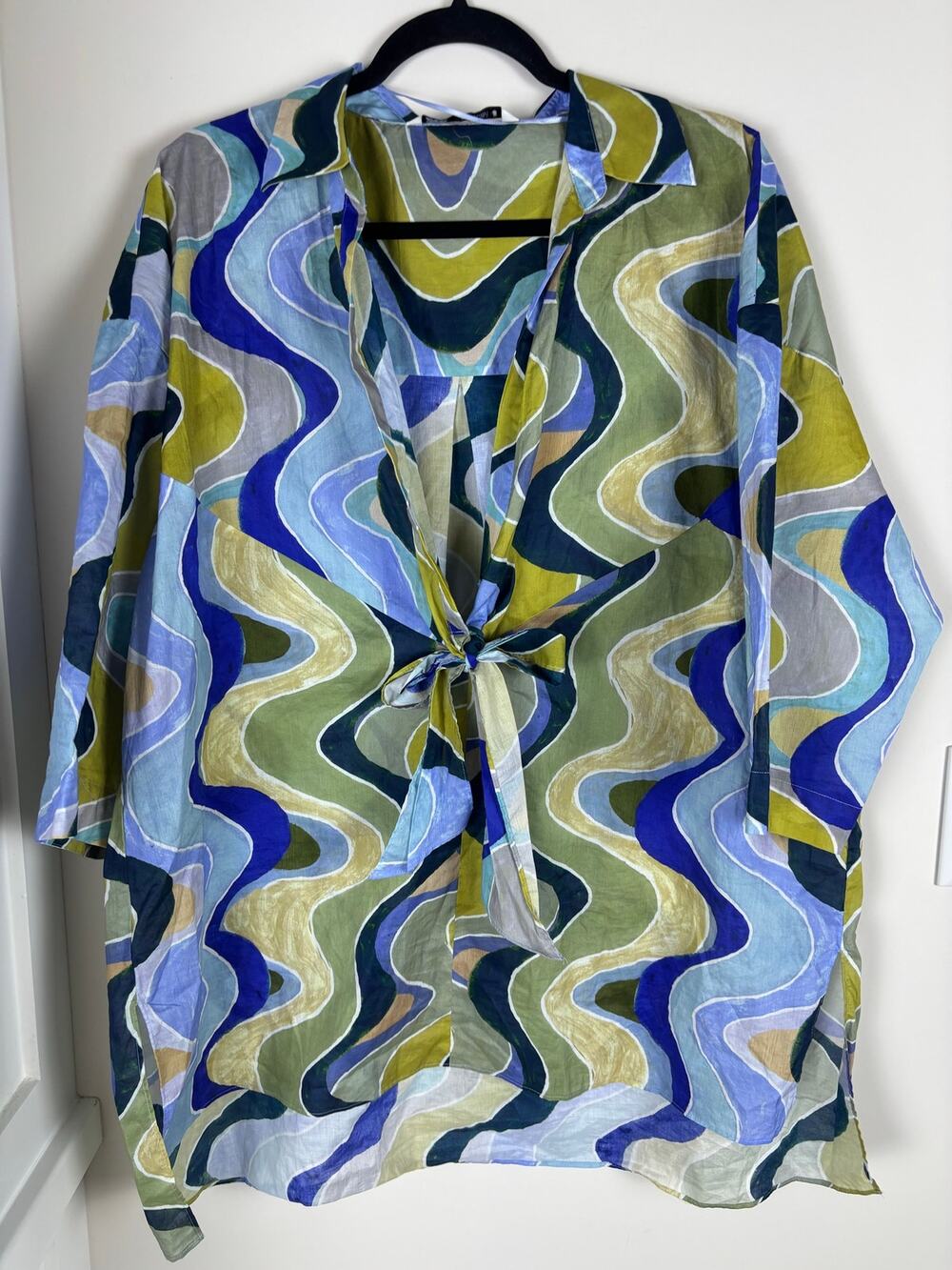 ZARA Woman XL Abstract Wavy Print Tie Front Tunic Blouse Blue Green Boho